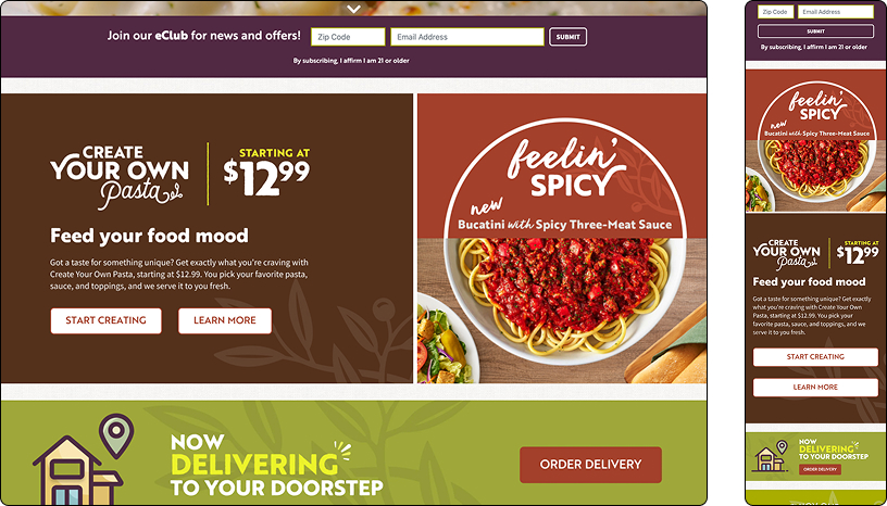 Olive Garden Homepage module for Create Your Own Pasta