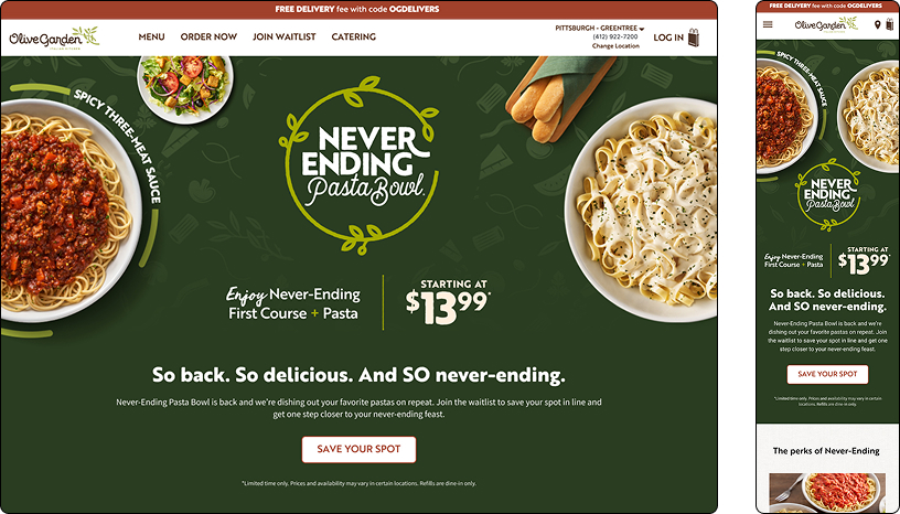 Never Ending Pasta Bowl landing page