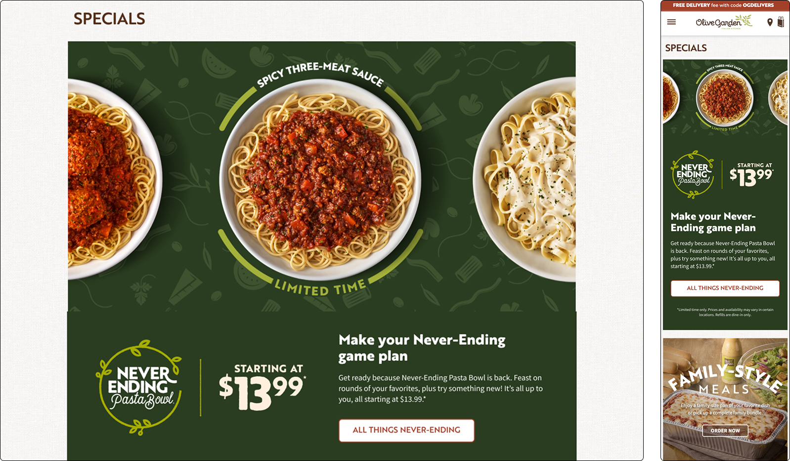 Olive Garden Specials page for Create Your Own Pasta