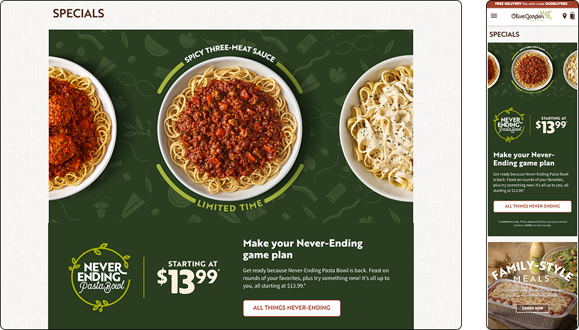 Olive Garden Specials page for Never Ending Pasta Bowl