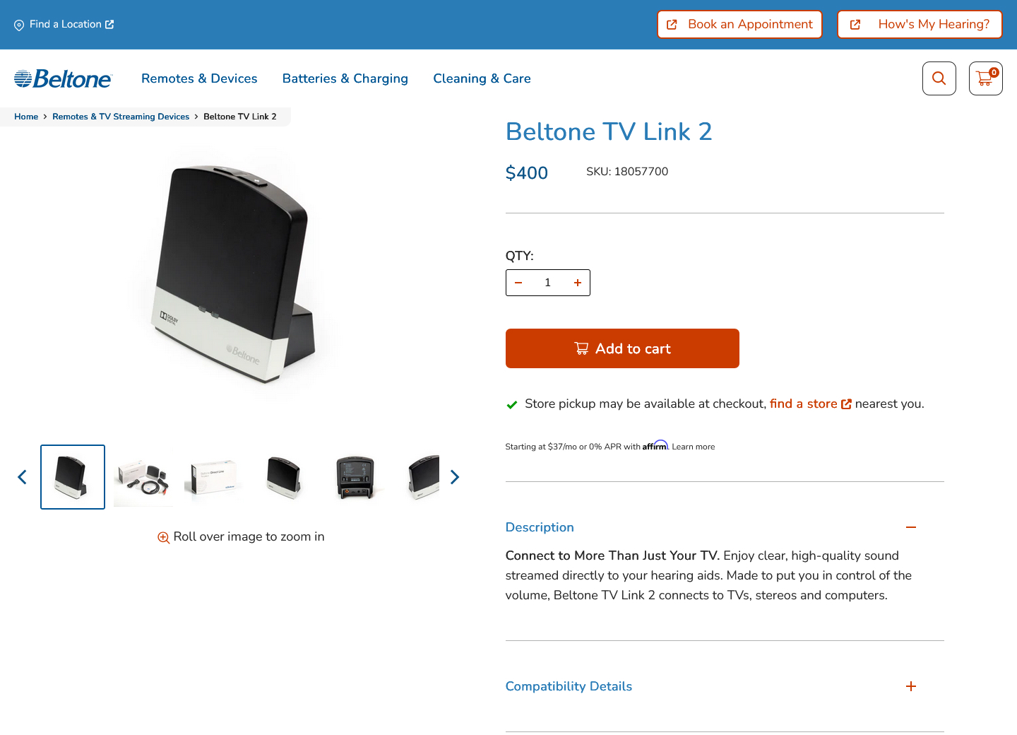 Existing product page for hearing aid accessory