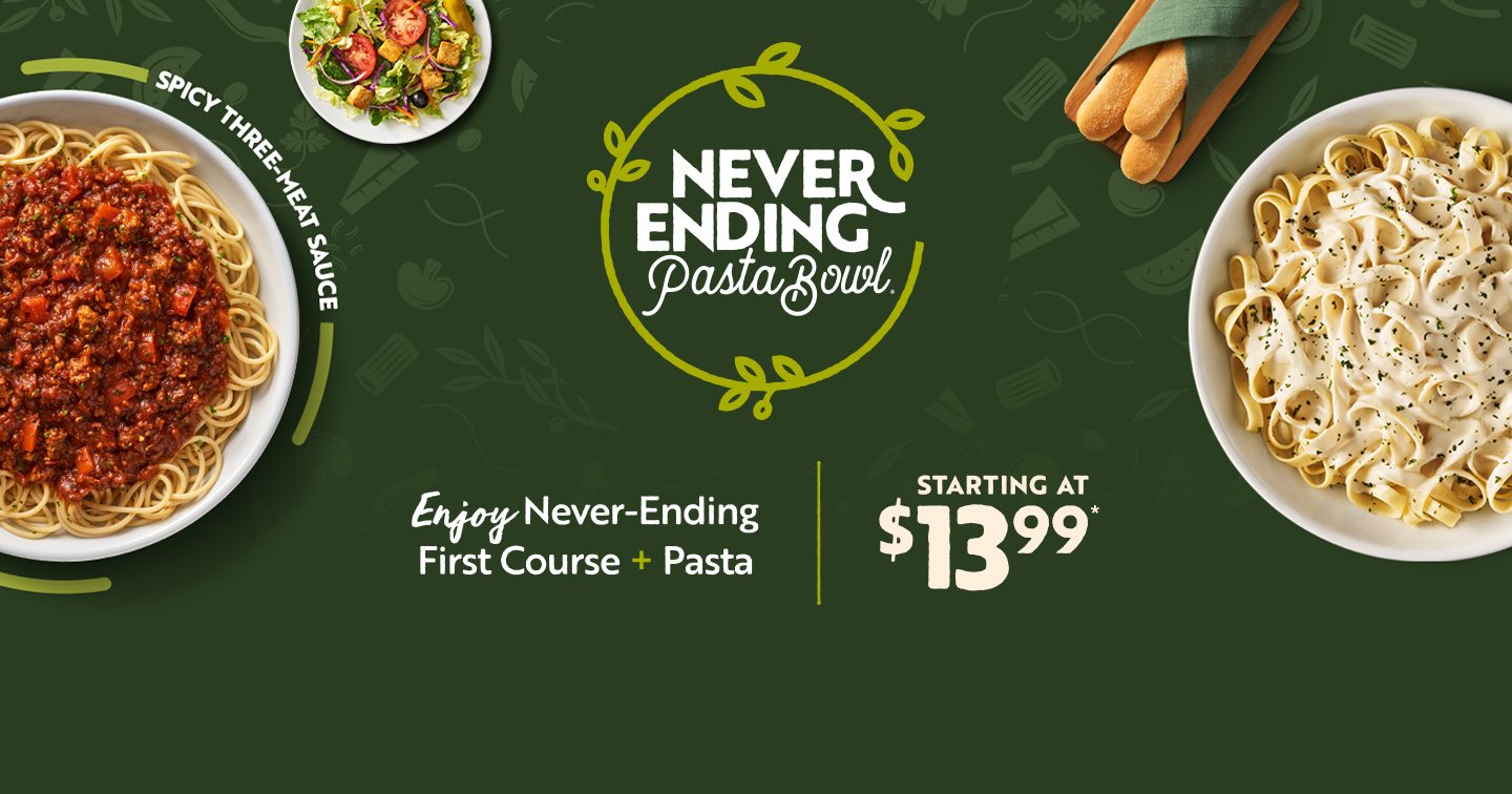 Plates of pasta noodles and logo for Never Ending Pasta Bowl