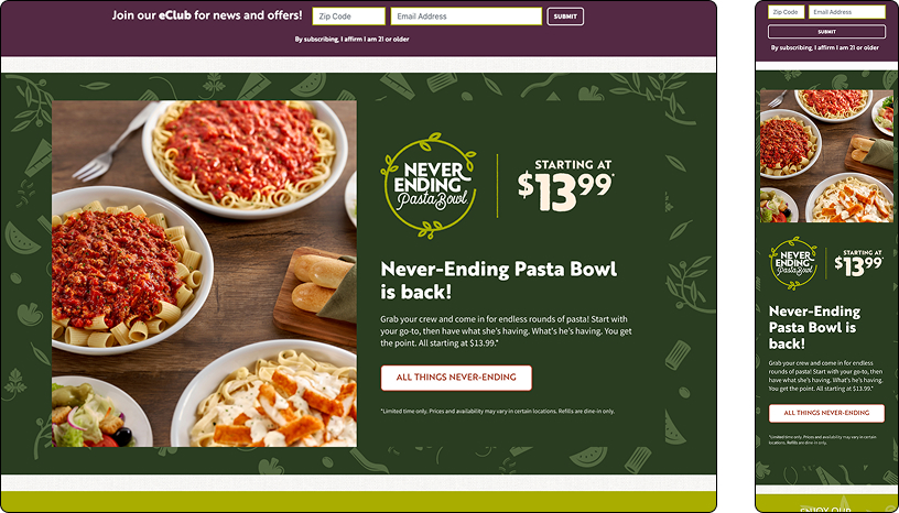 Olive Garden Homepage module for Never Ending Pasta Bowl
