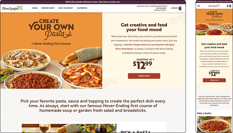 Create Your Own Pasta landing page