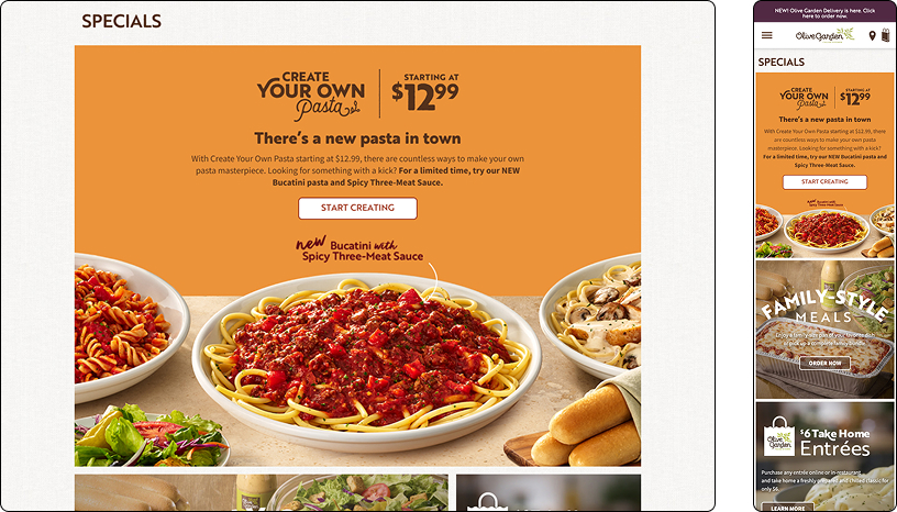 Olive Garden Specials page for Create Your Own Pasta